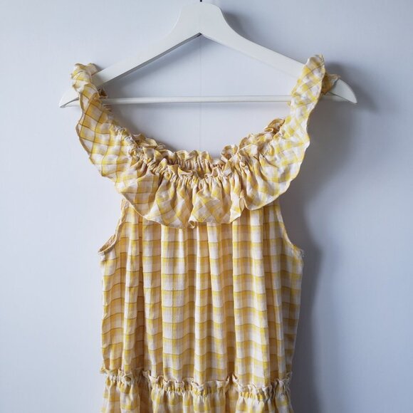 Max Studio Ruffle Neck Plaid/Checks Yellow Peasant Tiered Boho Dress size XL - Picture 3 of 6